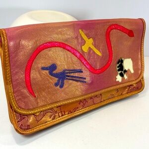 Vtg Unique Carlos Falchi Foldover Crossbody Handbag Pink Leather Animal Hide